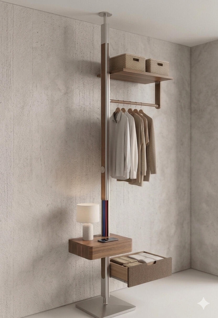 FloWal for Office FloWal office workstation system featuring a vertical power-cabled cylinder with a top-mounted monitor and a lower printer shelf, highlighted by a glowing blue power indicator line