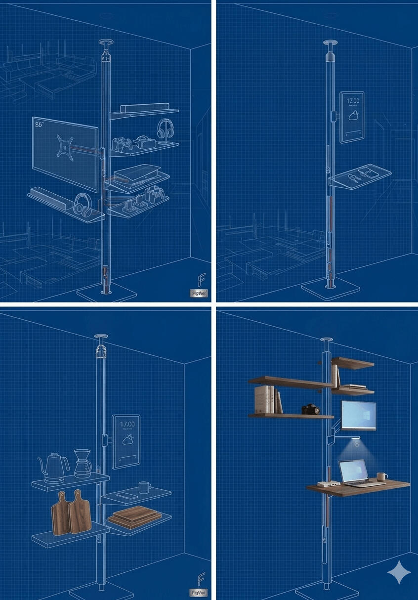 FloWal for Office FloWal office workstation system featuring a vertical power-cabled cylinder with a top-mounted monitor and a lower printer shelf, highlighted by a glowing blue power indicator line